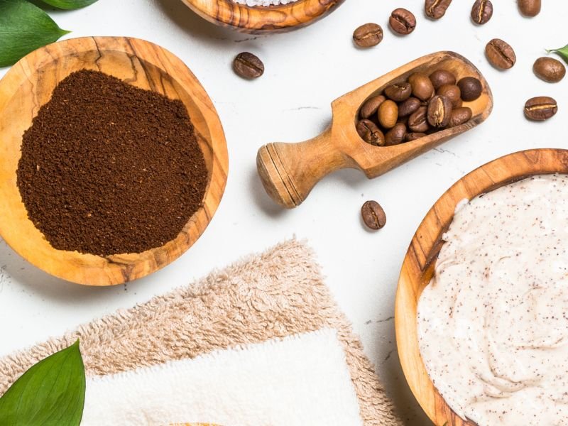 Coffee and yogurt ingredients for homemade skin scrub recipe