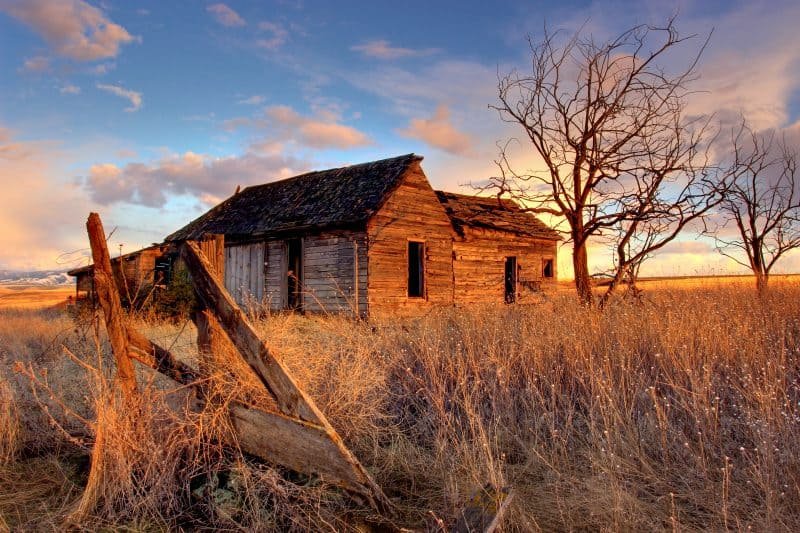 old broken down homestead in the morning sunlight
