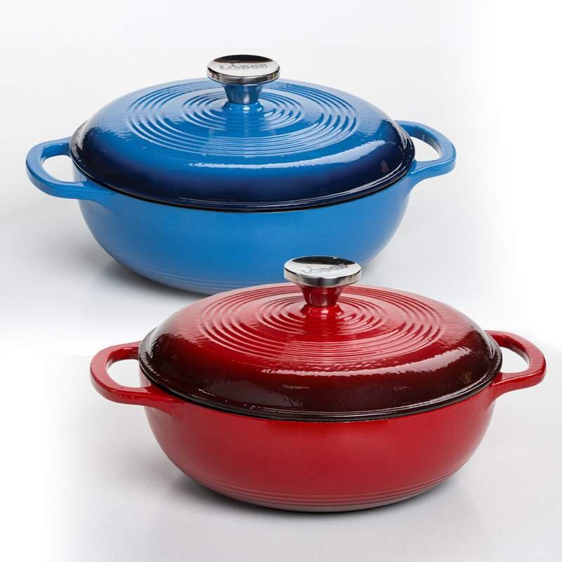 one red and one blue cast iron casserole pans
