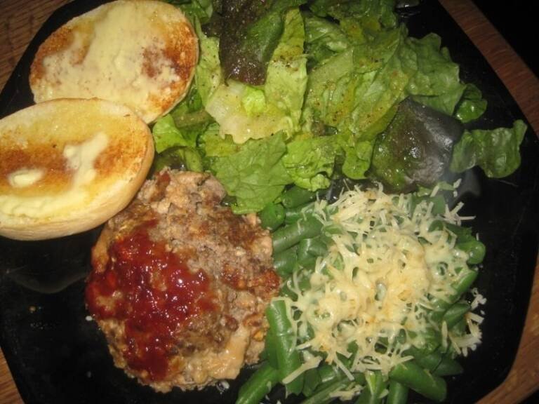 Best Meat Loaf Dinner with a baked potato, green salad and green beans