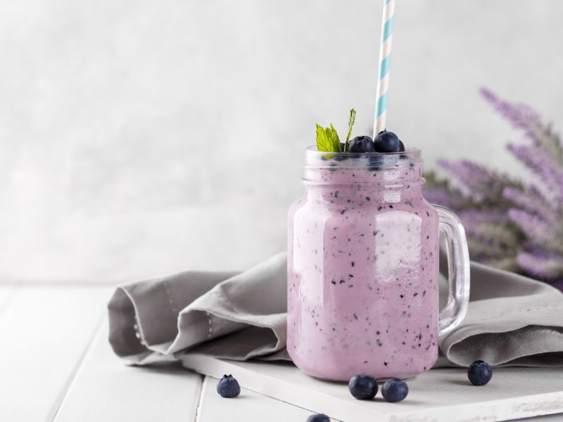 Blueberry Smoothie in a canning jar glass
