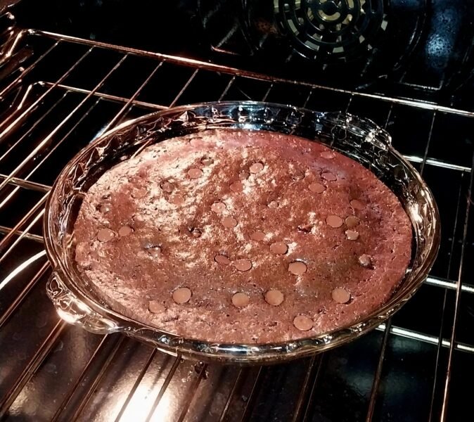 Fresh Brownies baked in a glass pie plate