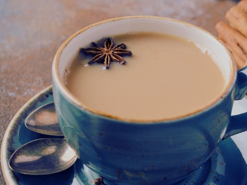 a lovely blue ceramic cup of homemade chai tea latte