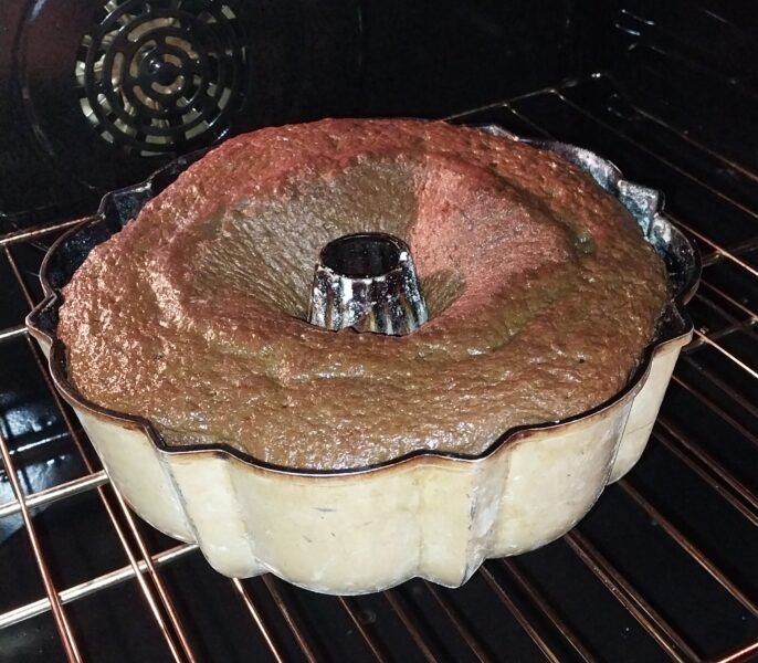 Chocolate Cake just finished baking and is coming out of the ove