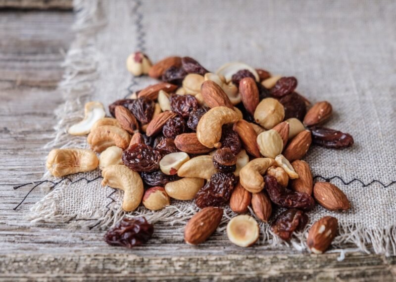 roasted cashew nuts, hazelnuts almonds and dark raisins