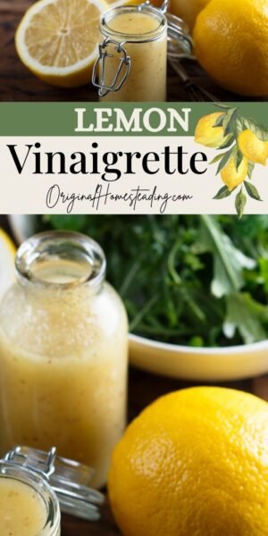 A glass jar of easy homemade lemon vinaigrette sits next to whole lemons and a bowl of fresh greens, illustrating a lemon vinaigrette dressing recipe for healthy freshness.