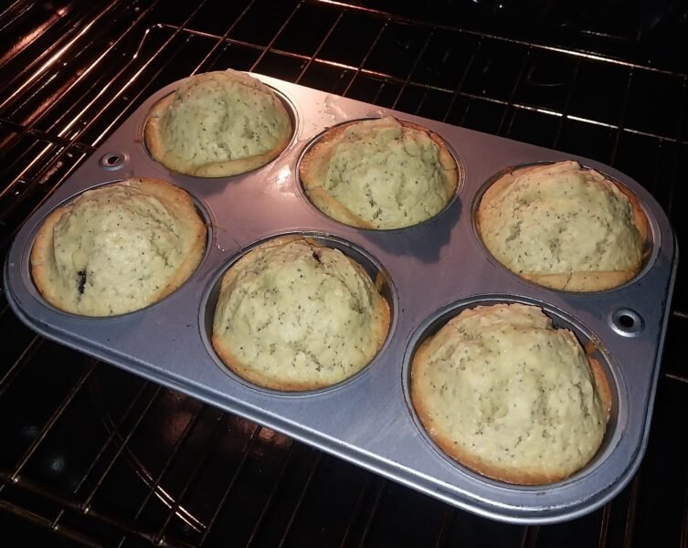 six muffins fin a muffin tin fresh from the oven