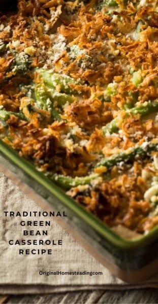 Hearty Green Bean Casserole in a green baking dish