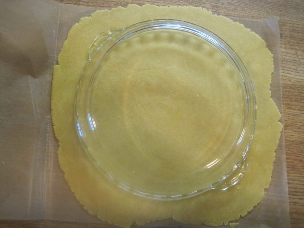 measuring pie crust with pie pan