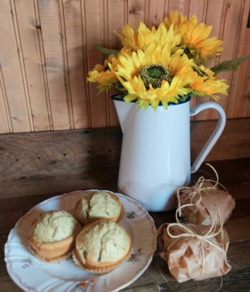 fresh blueberry, lemon an poppy seed muffins on the counter ready to eat