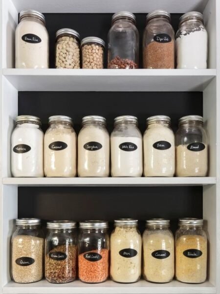 image of organized jars of dried foods and spices on a pantry shelf