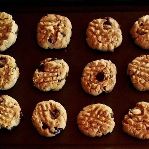 freshly baked chocolate chip cookies on a baking sheet