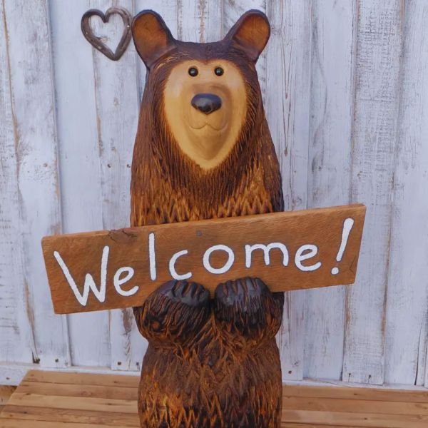 Adorable Hand-Carved Wooden Bear holding a Welcome Sign
